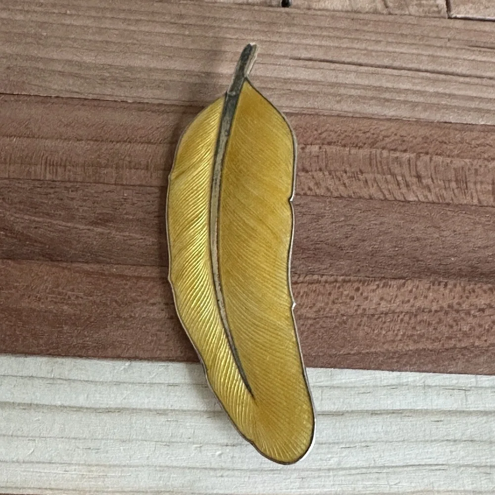 VTG E Dragsted Feather Brooch Pin 2.875 Inch Denmark Gold Enamel‎ Sterling 13.8g